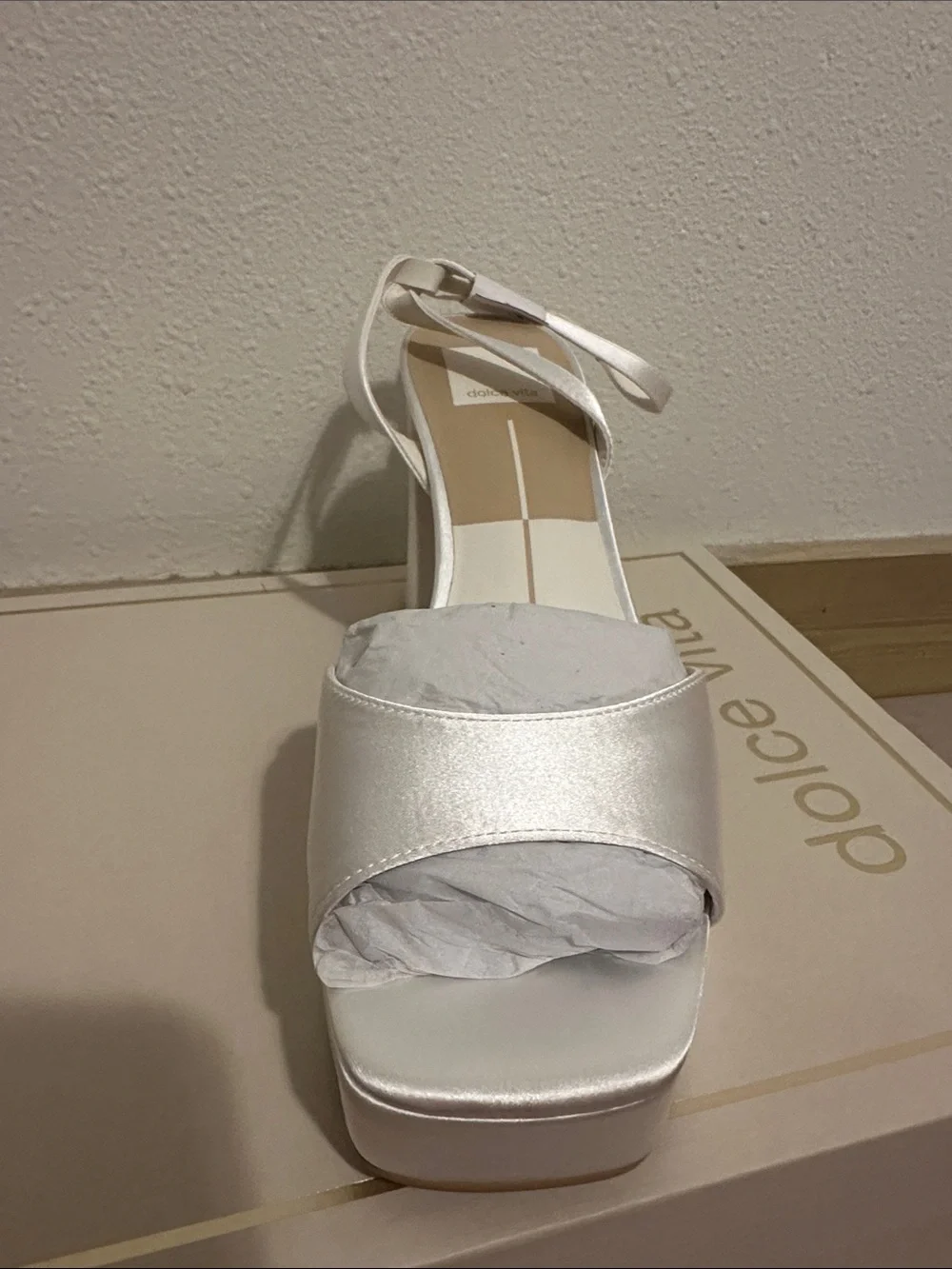 Dolce Vita Felicia Satin White Platform Block Heel Sandals